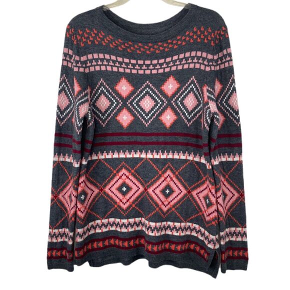 Talbots Nordic Fair Isle Lambswool Sweater Women L Wool Blend Gray Pink High-Low - Picture 2 of 15